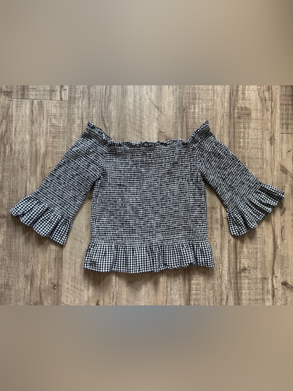 100% cotton Black & White Gingham Smocked Peplum Top summer off the shoulder - Picture 8 of 9